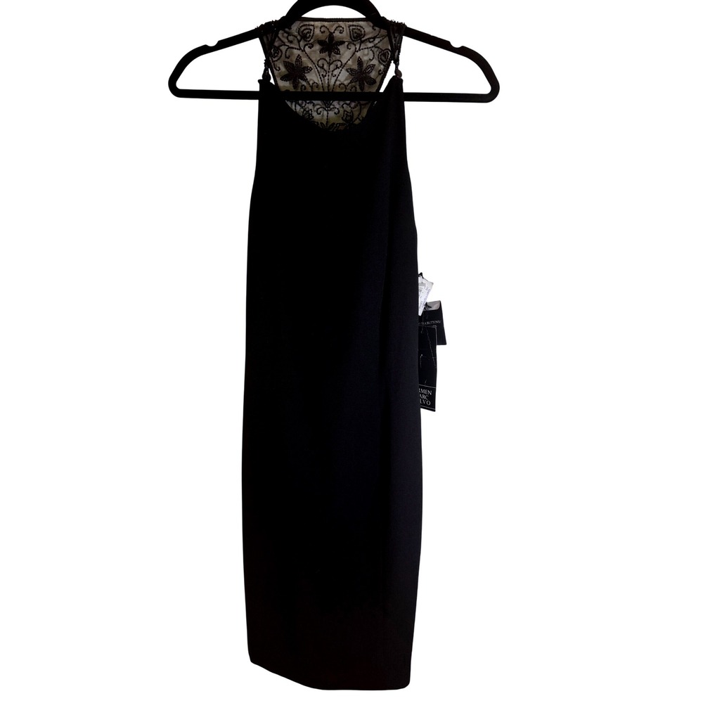 Carmen Marc Valvo Black Beaded Lace Open !Back Neck Halter Dress NWT Size 6‎